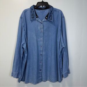 VTG Liz & Me Blue Denim Shirt Women's Top Removable Black Rhinestone Collar